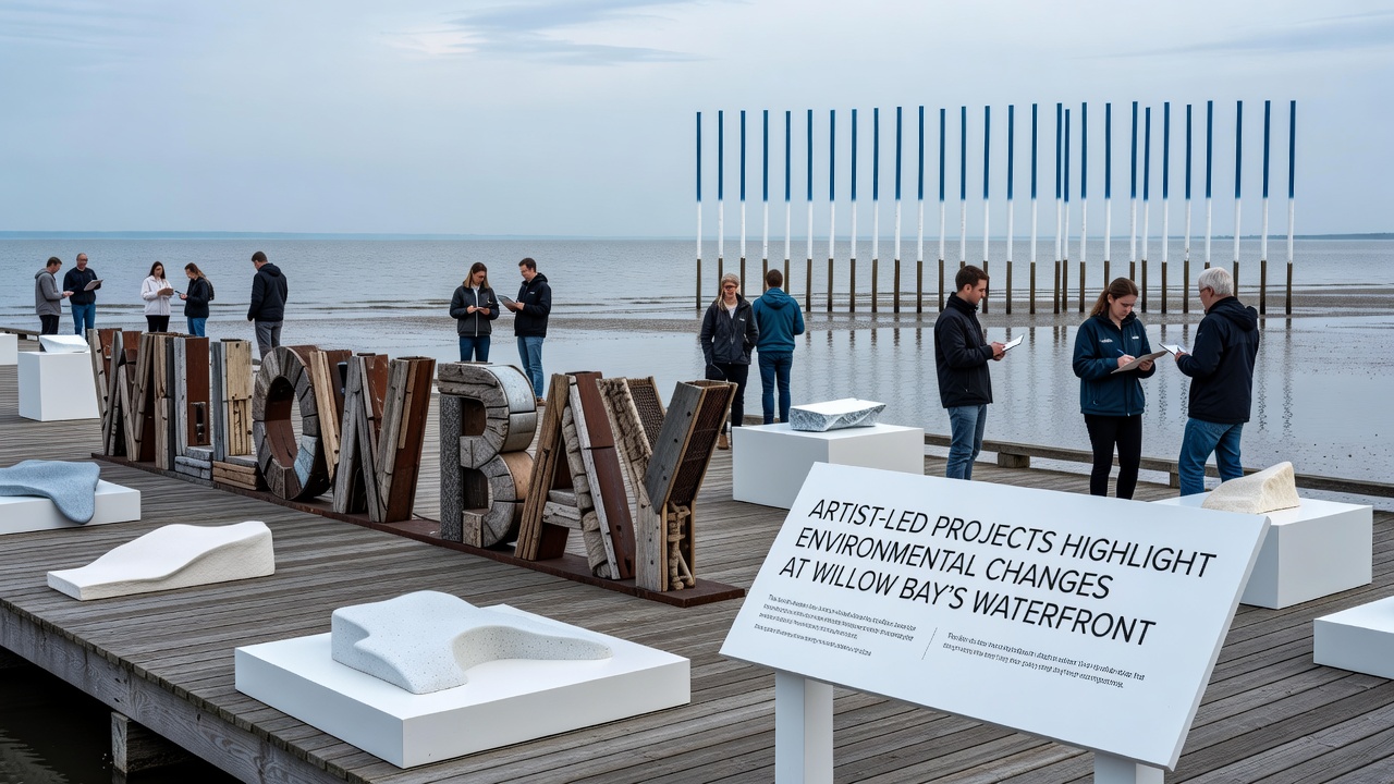 Interactive map display and sculptural elements at Willow Bay showing erosion patterns and species data
