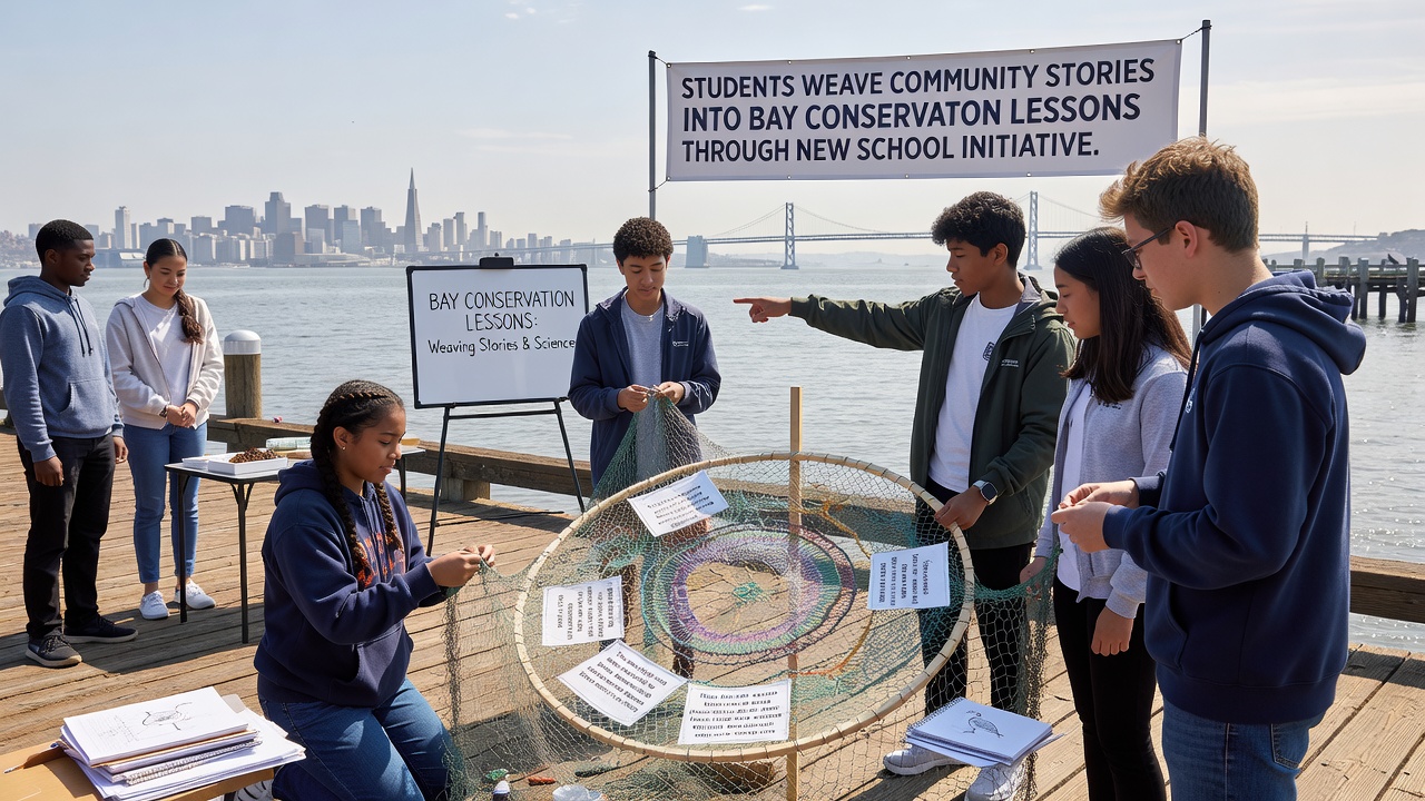 A group of Willow Bay students reviews collected oral histories and water quality data during a classroom session on bay conservation